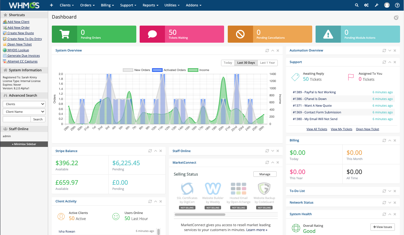 WHMCS automation dashboard